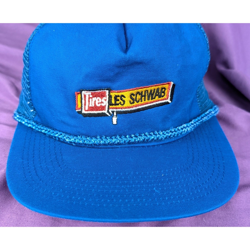 Vintage Les Schwab Trucker Roped Brim Snap Back Mesh Farm Patch Hat Blue